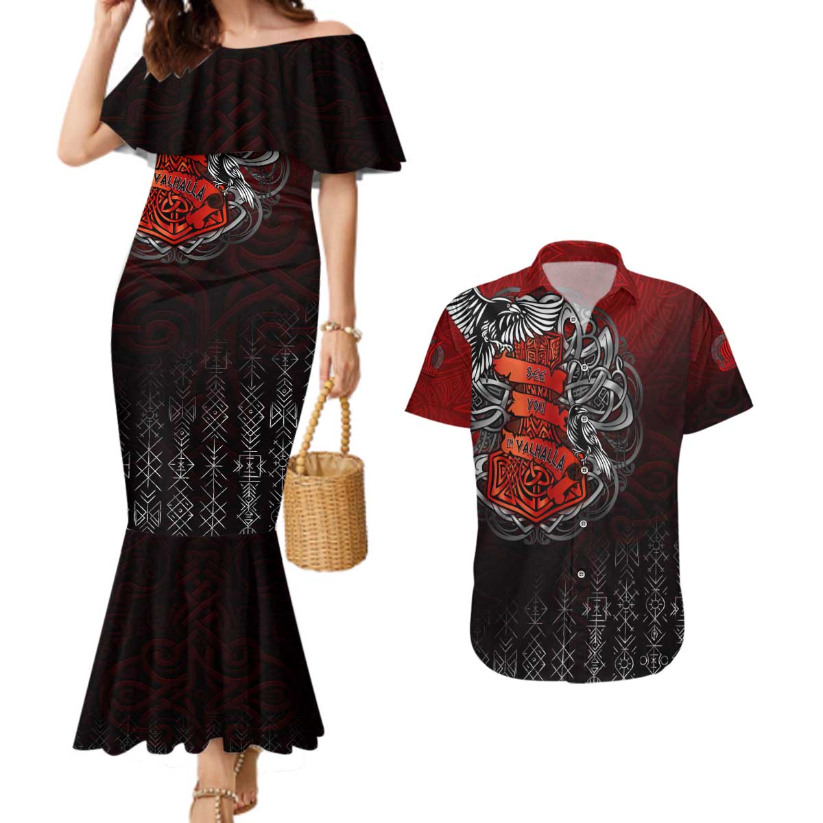 Victory Or Valhalla Couples Matching Mermaid Dress and Hawaiian Shirt Viking - Wonder Print Shop