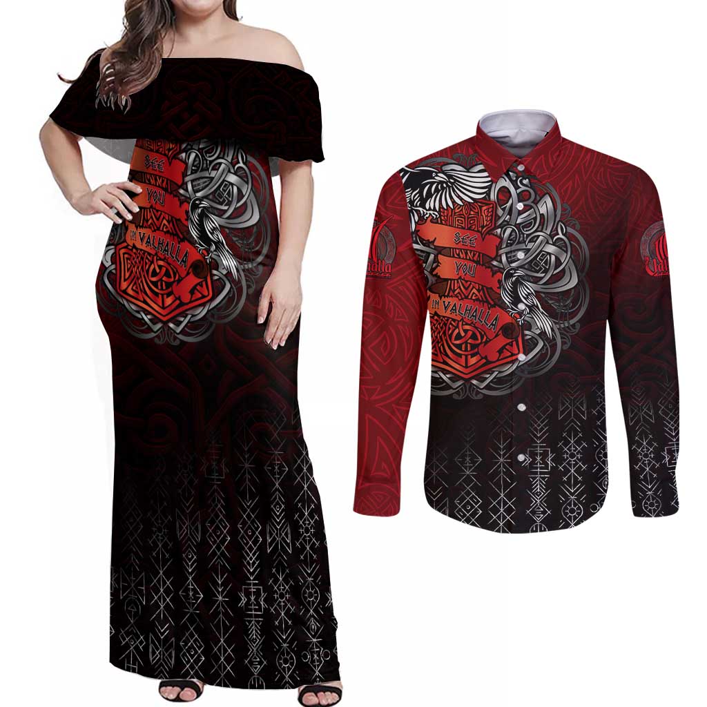 Victory Or Valhalla Couples Matching Off Shoulder Maxi Dress and Long Sleeve Button Shirt Viking - Wonder Print Shop