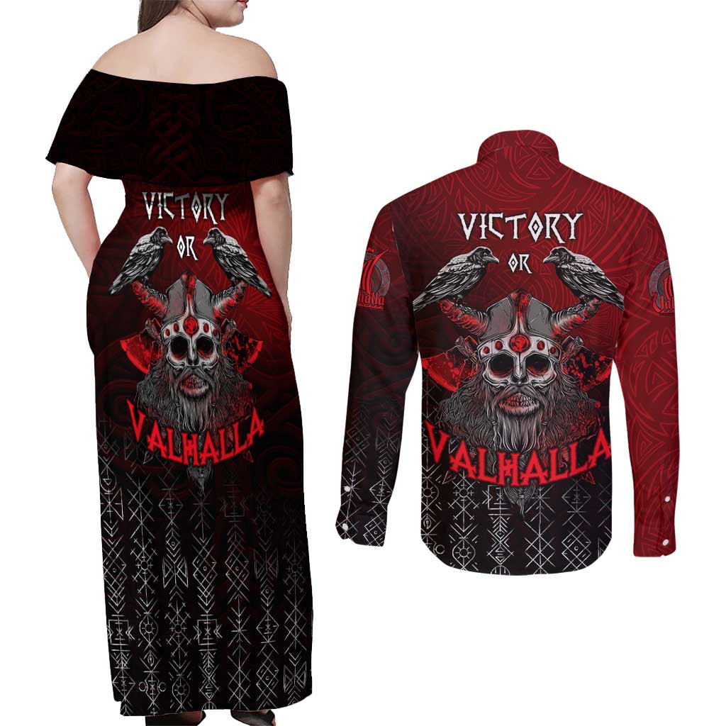 Victory Or Valhalla Couples Matching Off Shoulder Maxi Dress and Long Sleeve Button Shirt Viking - Wonder Print Shop