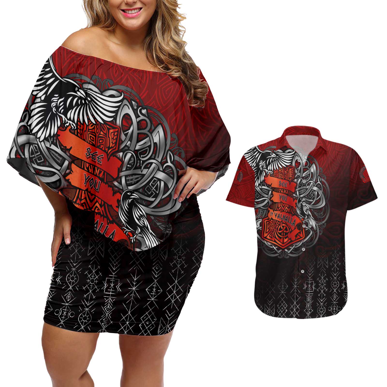 Victory Or Valhalla Couples Matching Off Shoulder Short Dress and Hawaiian Shirt Viking - Wonder Print Shop