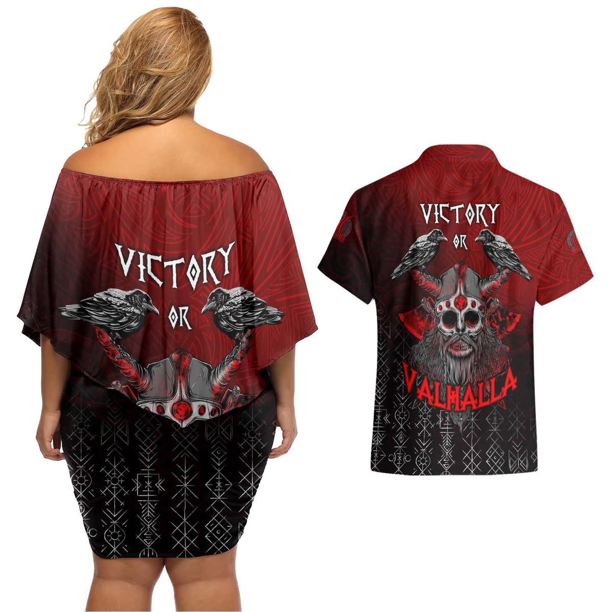 Victory Or Valhalla Couples Matching Off Shoulder Short Dress and Hawaiian Shirt Viking - Wonder Print Shop