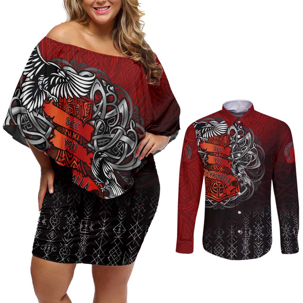 Victory Or Valhalla Couples Matching Off Shoulder Short Dress and Long Sleeve Button Shirt Viking - Wonder Print Shop