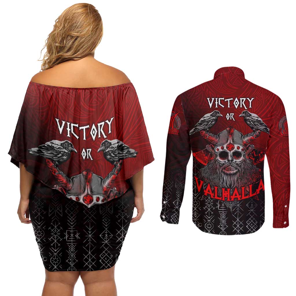 Victory Or Valhalla Couples Matching Off Shoulder Short Dress and Long Sleeve Button Shirt Viking - Wonder Print Shop
