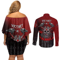 Victory Or Valhalla Couples Matching Off Shoulder Short Dress and Long Sleeve Button Shirt Viking - Wonder Print Shop