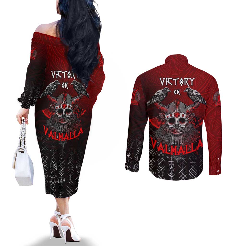 Victory Or Valhalla Couples Matching Off The Shoulder Long Sleeve Dress and Long Sleeve Button Shirt Viking
