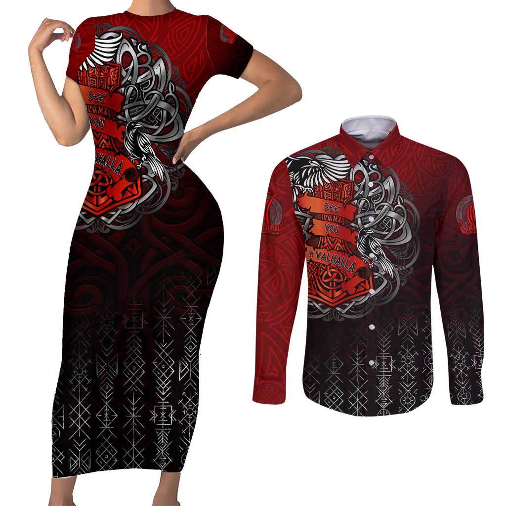 Victory Or Valhalla Couples Matching Short Sleeve Bodycon Dress and Long Sleeve Button Shirt Viking - Wonder Print Shop