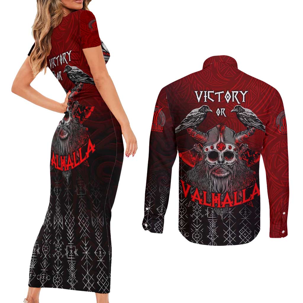 Victory Or Valhalla Couples Matching Short Sleeve Bodycon Dress and Long Sleeve Button Shirt Viking - Wonder Print Shop