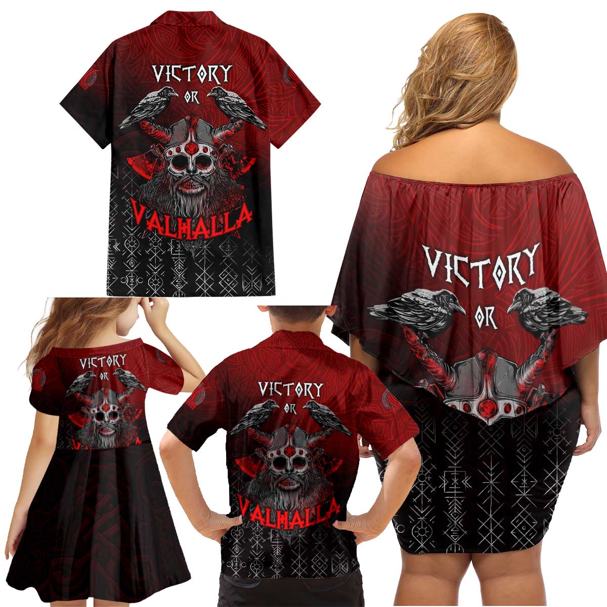 Victory Or Valhalla Family Matching Off Shoulder Short Dress and Hawaiian Shirt Viking - Wonder Print Shop