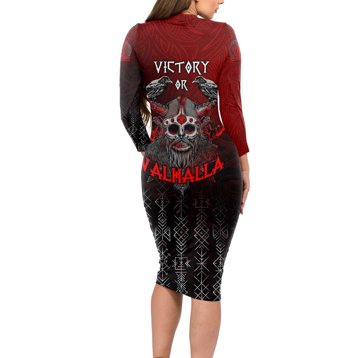 Victory Or Valhalla Long Sleeve Bodycon Dress Viking - Wonder Print Shop