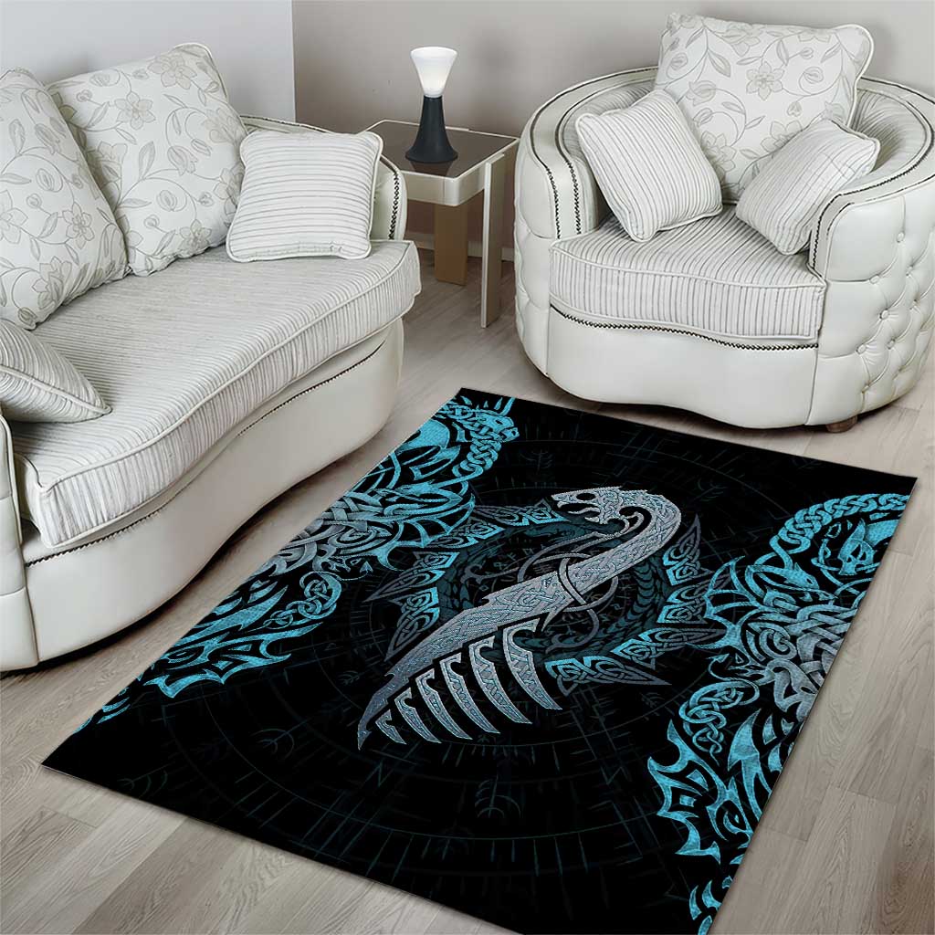 Dragon Viking With Runes Area Rug Blue Black - Wonder Print Shop