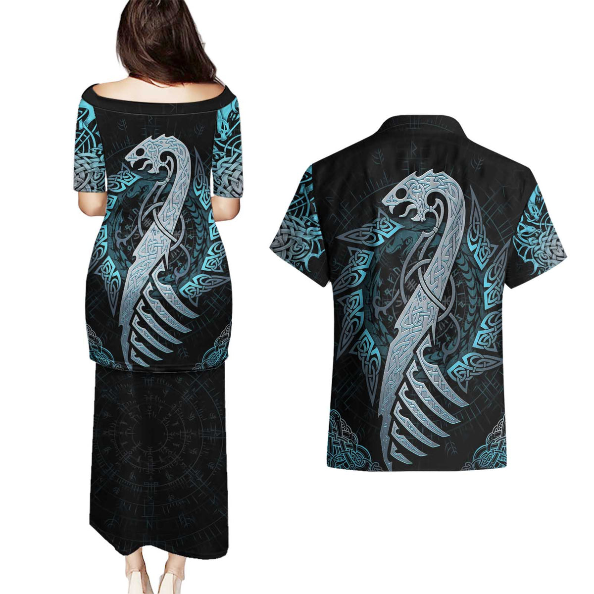 Dragon Viking With Runes Couples Matching Puletasi and Hawaiian Shirt Blue Black - Wonder Print Shop