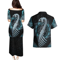 Dragon Viking With Runes Couples Matching Puletasi and Hawaiian Shirt Blue Black - Wonder Print Shop