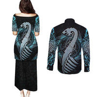 Dragon Viking With Runes Couples Matching Puletasi and Long Sleeve Button Shirt Blue Black - Wonder Print Shop