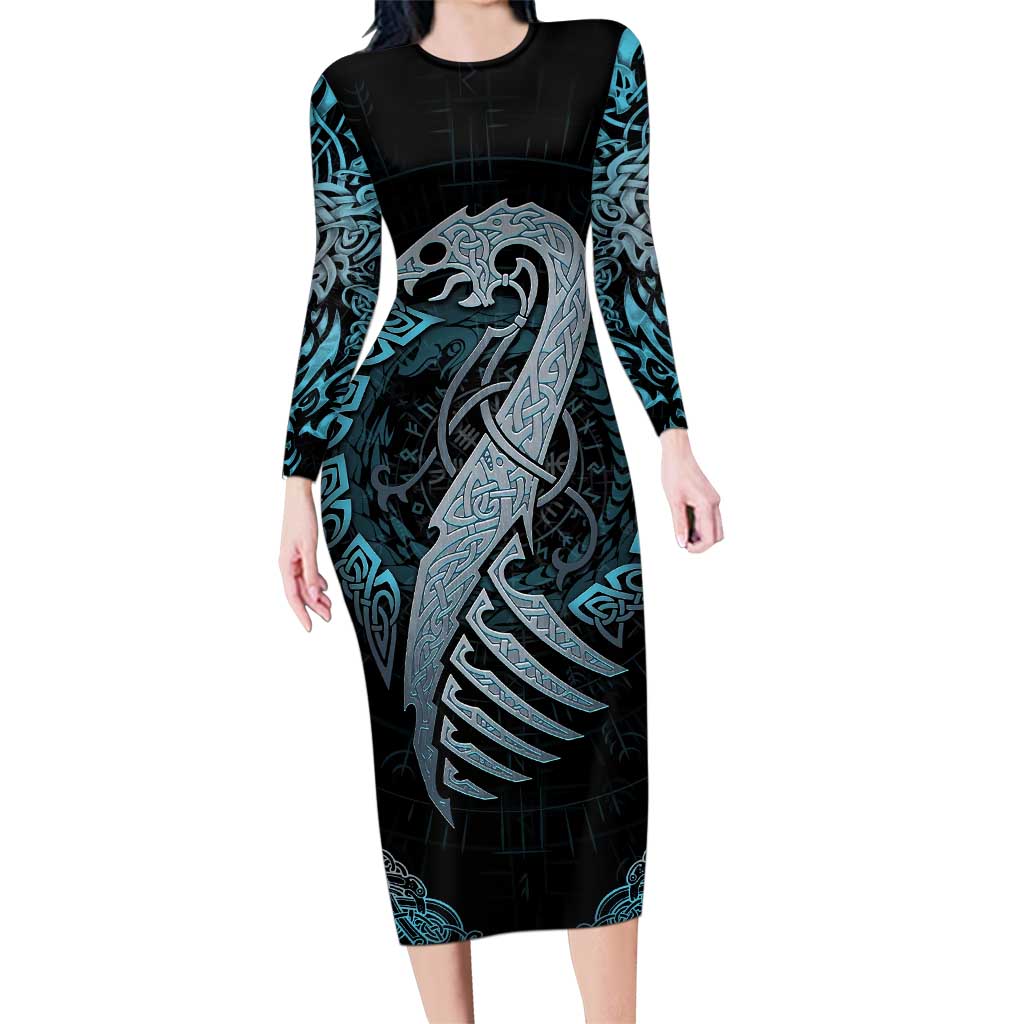 Dragon Viking With Runes Family Matching Long Sleeve Bodycon Dress and Hawaiian Shirt Blue Black - Wonder Print Shop