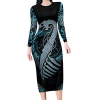 Dragon Viking With Runes Family Matching Long Sleeve Bodycon Dress and Hawaiian Shirt Blue Black - Wonder Print Shop