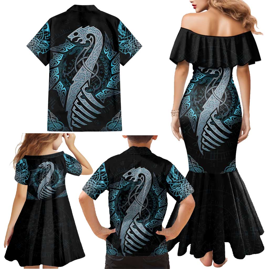 Dragon Viking With Runes Family Matching Mermaid Dress and Hawaiian Shirt Blue Black - Wonder Print Shop