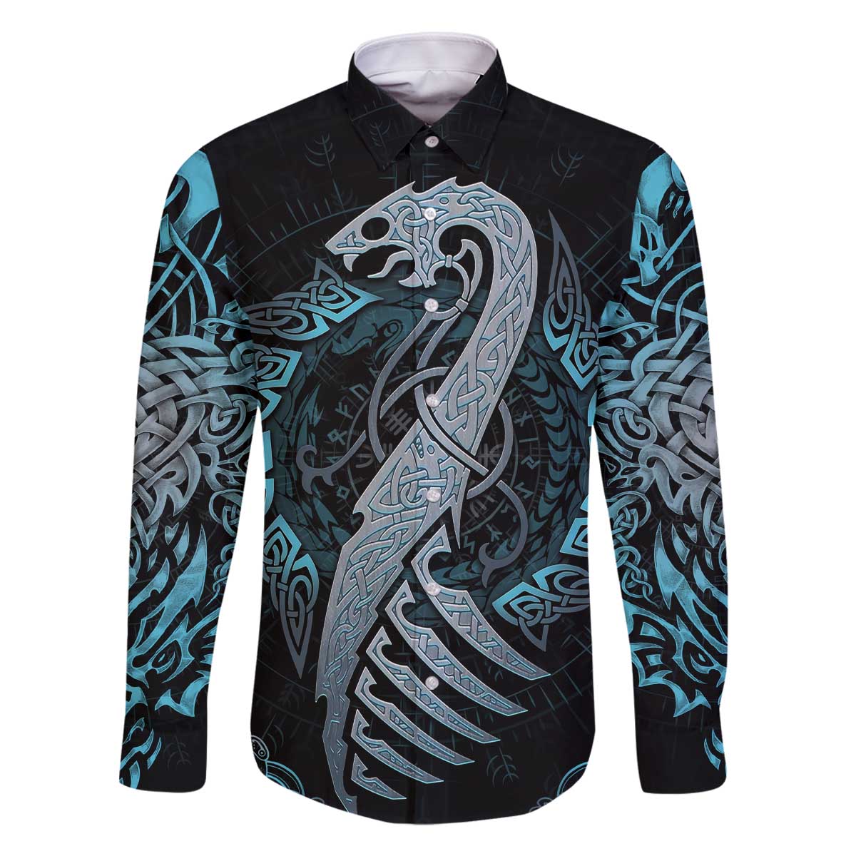 Dragon Viking With Runes Family Matching Off The Shoulder Long Sleeve Dress and Hawaiian Shirt Blue Black - Wonder Print Shop