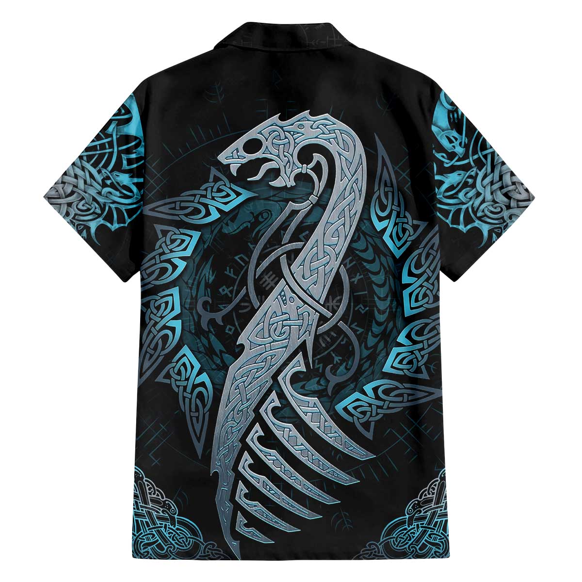 Dragon Viking With Runes Family Matching Off Shoulder Short Dress and Hawaiian Shirt Blue Black - Wonder Print Shop