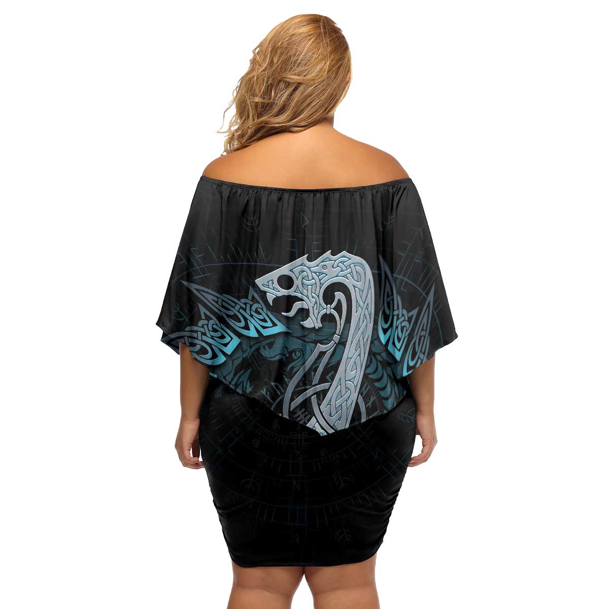 Dragon Viking With Runes Family Matching Off Shoulder Short Dress and Hawaiian Shirt Blue Black - Wonder Print Shop
