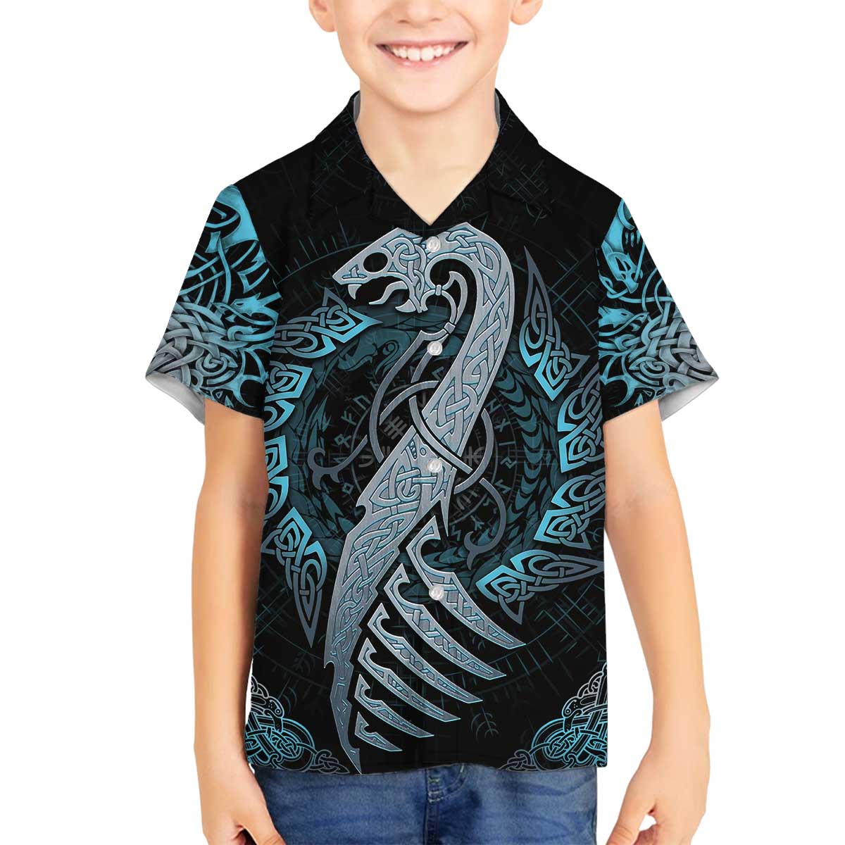Dragon Viking With Runes Family Matching Off Shoulder Short Dress and Hawaiian Shirt Blue Black - Wonder Print Shop