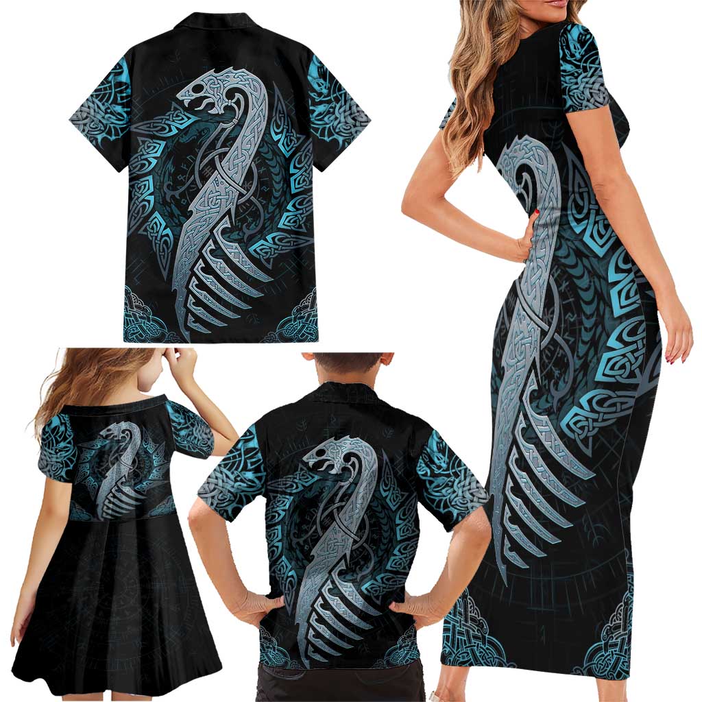 Dragon Viking With Runes Family Matching Short Sleeve Bodycon Dress and Hawaiian Shirt Blue Black - Wonder Print Shop