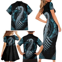 Dragon Viking With Runes Family Matching Short Sleeve Bodycon Dress and Hawaiian Shirt Blue Black - Wonder Print Shop