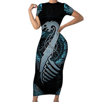 Dragon Viking With Runes Family Matching Short Sleeve Bodycon Dress and Hawaiian Shirt Blue Black - Wonder Print Shop