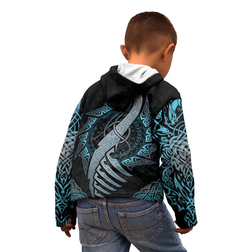 Dragon Viking With Runes Kid Hoodie Blue Black - Wonder Print Shop