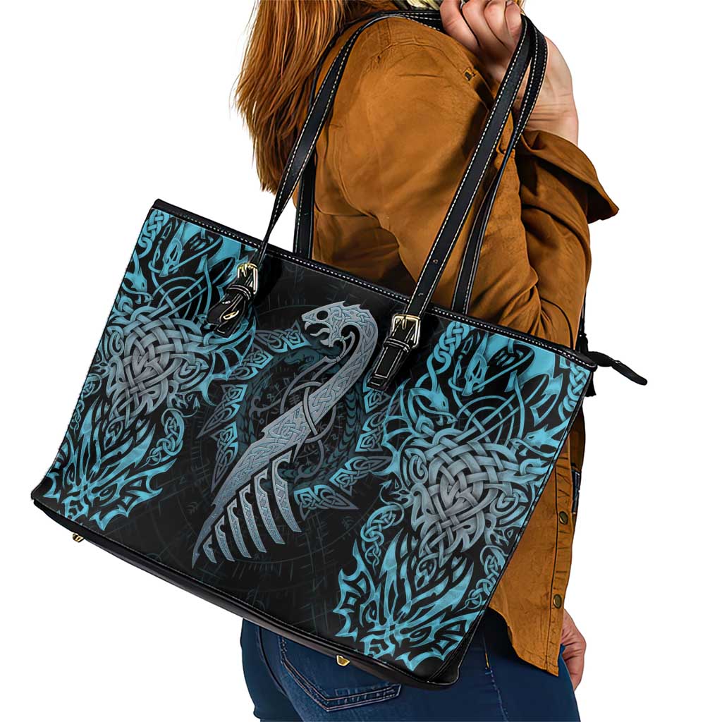 Dragon Viking With Runes Leather Tote Bag Blue Black - Wonder Print Shop