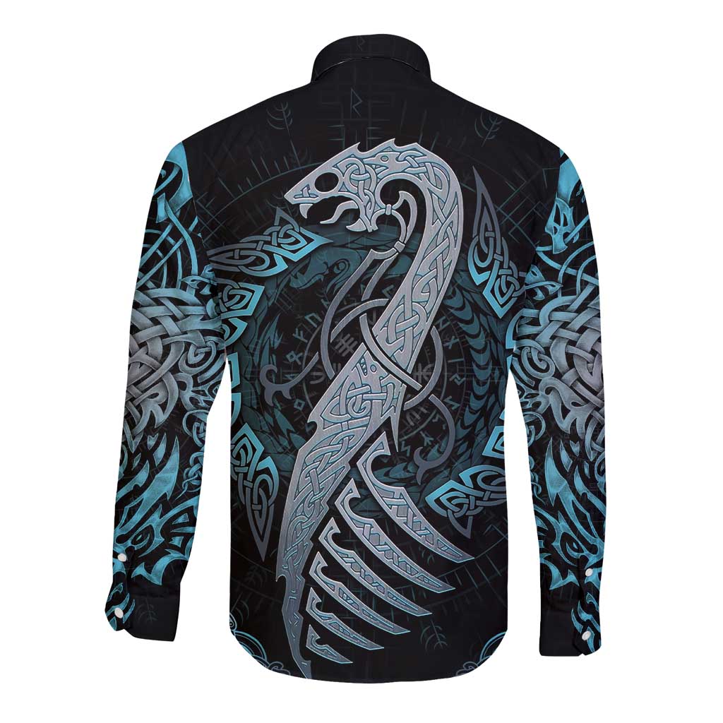 Dragon Viking With Runes Long Sleeve Button Shirt Blue Black - Wonder Print Shop