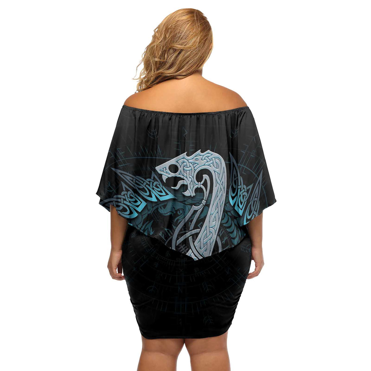 Dragon Viking With Runes Off Shoulder Short Dress Blue Black - Wonder Print Shop