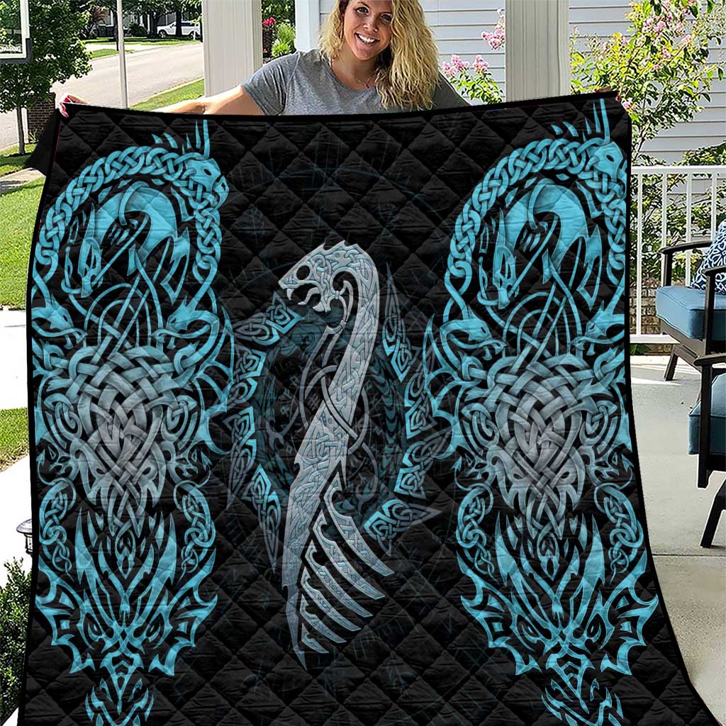 Dragon Viking With Runes Quilt Blue Black - Wonder Print Shop
