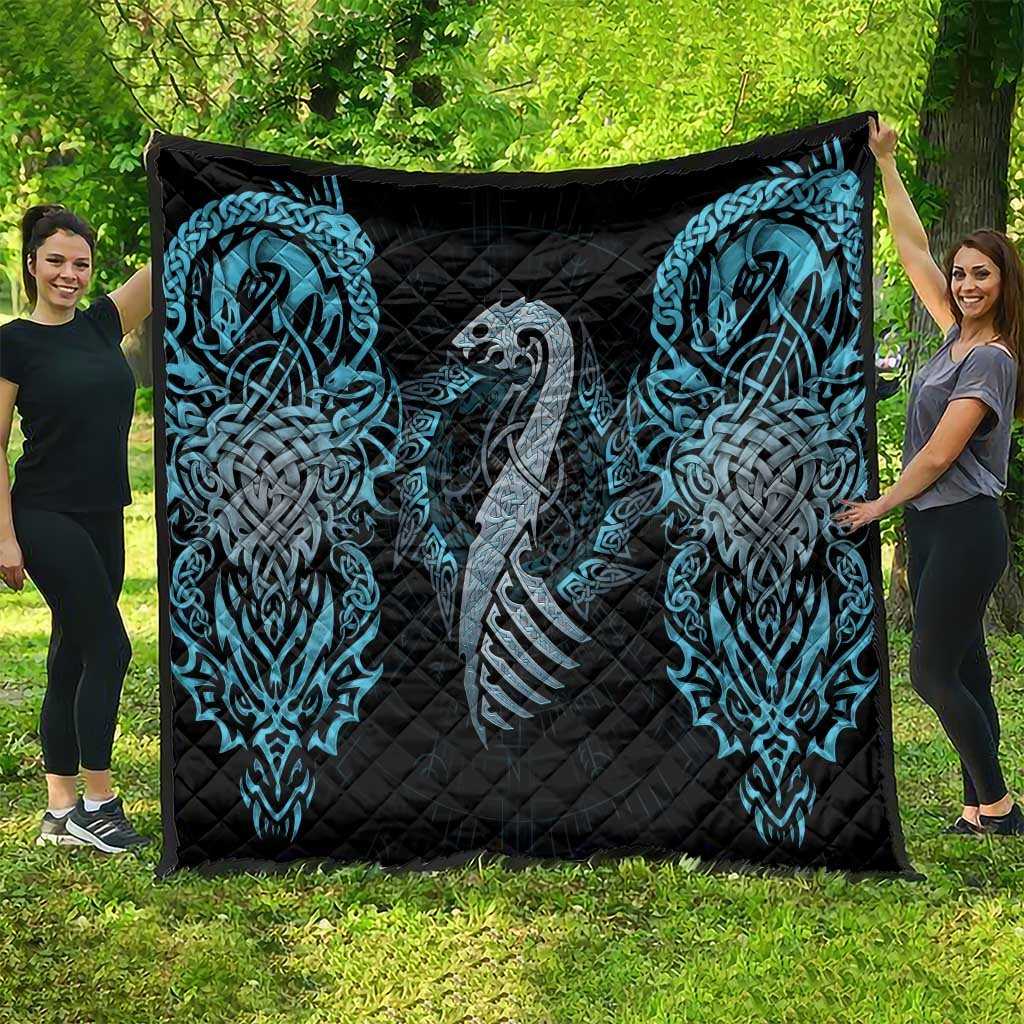 Dragon Viking With Runes Quilt Blue Black - Wonder Print Shop