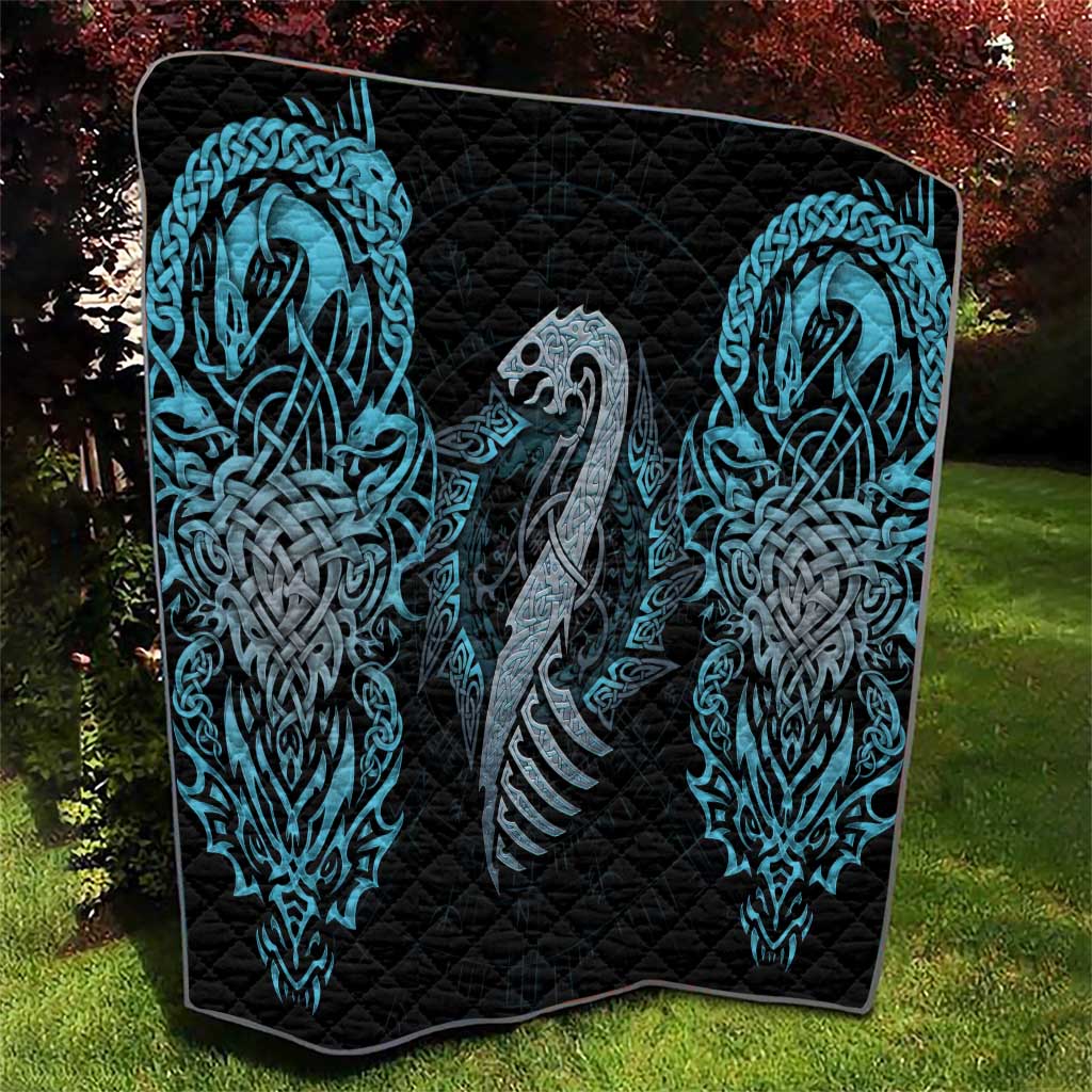 Dragon Viking With Runes Quilt Blue Black - Wonder Print Shop