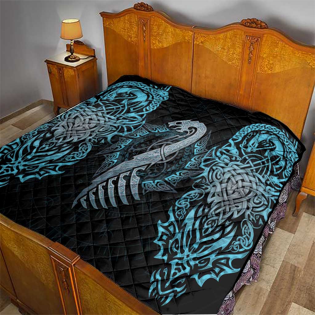 Dragon Viking With Runes Quilt Blue Black - Wonder Print Shop