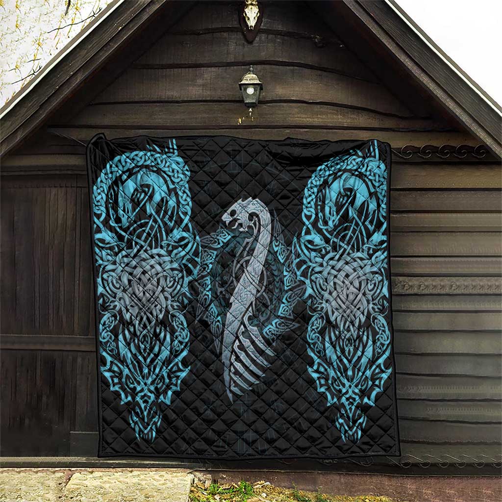 Dragon Viking With Runes Quilt Blue Black - Wonder Print Shop