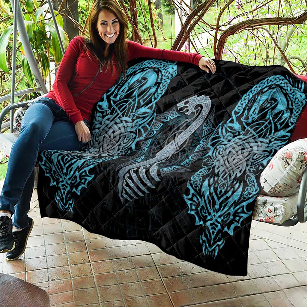 Dragon Viking With Runes Quilt Blue Black - Wonder Print Shop