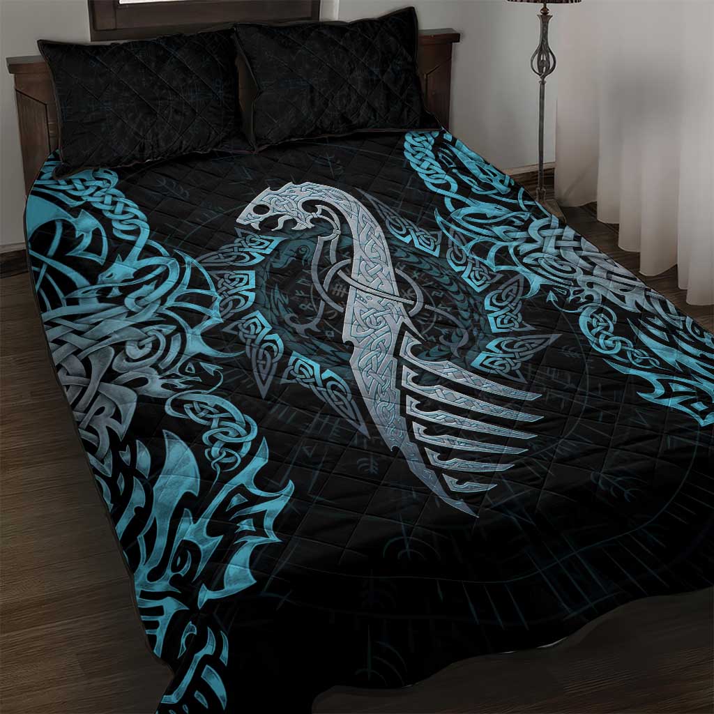Dragon Viking With Runes Quilt Bed Set Blue Black - Wonder Print Shop