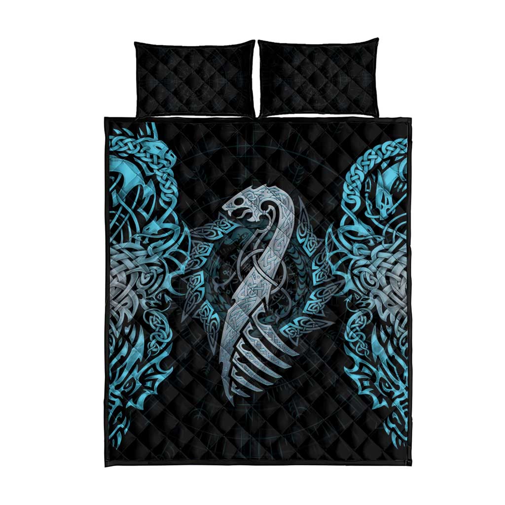 Dragon Viking With Runes Quilt Bed Set Blue Black - Wonder Print Shop