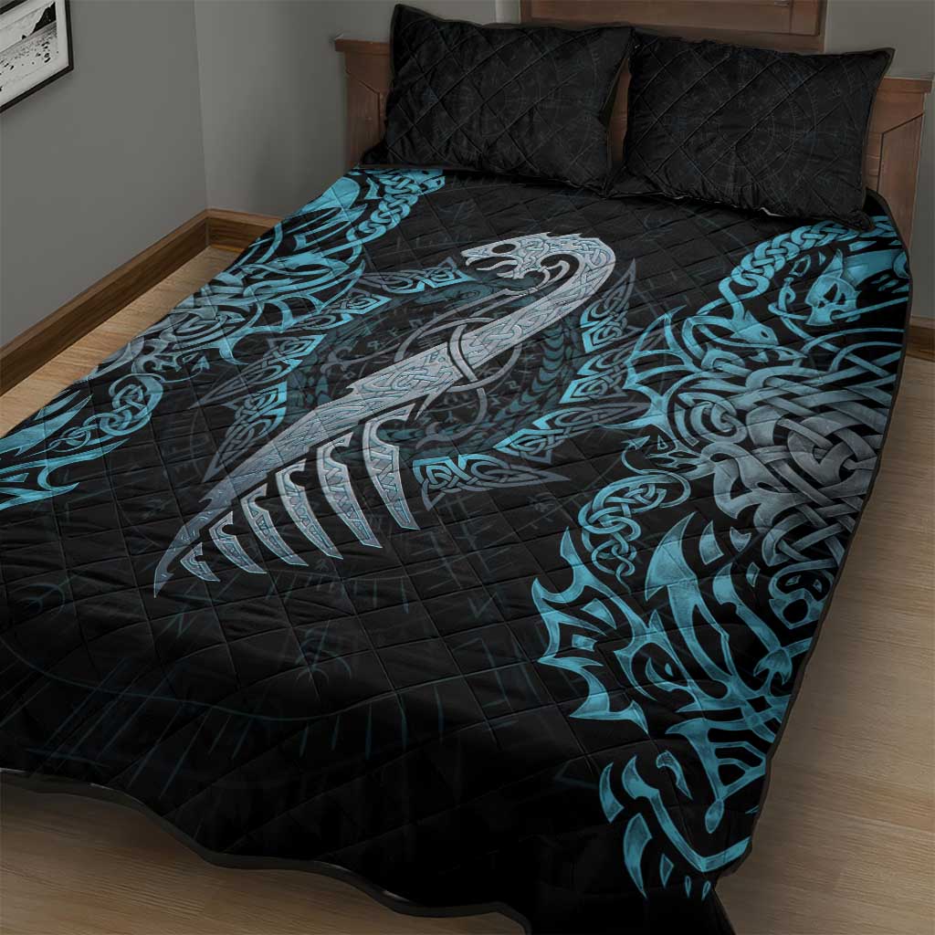 Dragon Viking With Runes Quilt Bed Set Blue Black - Wonder Print Shop