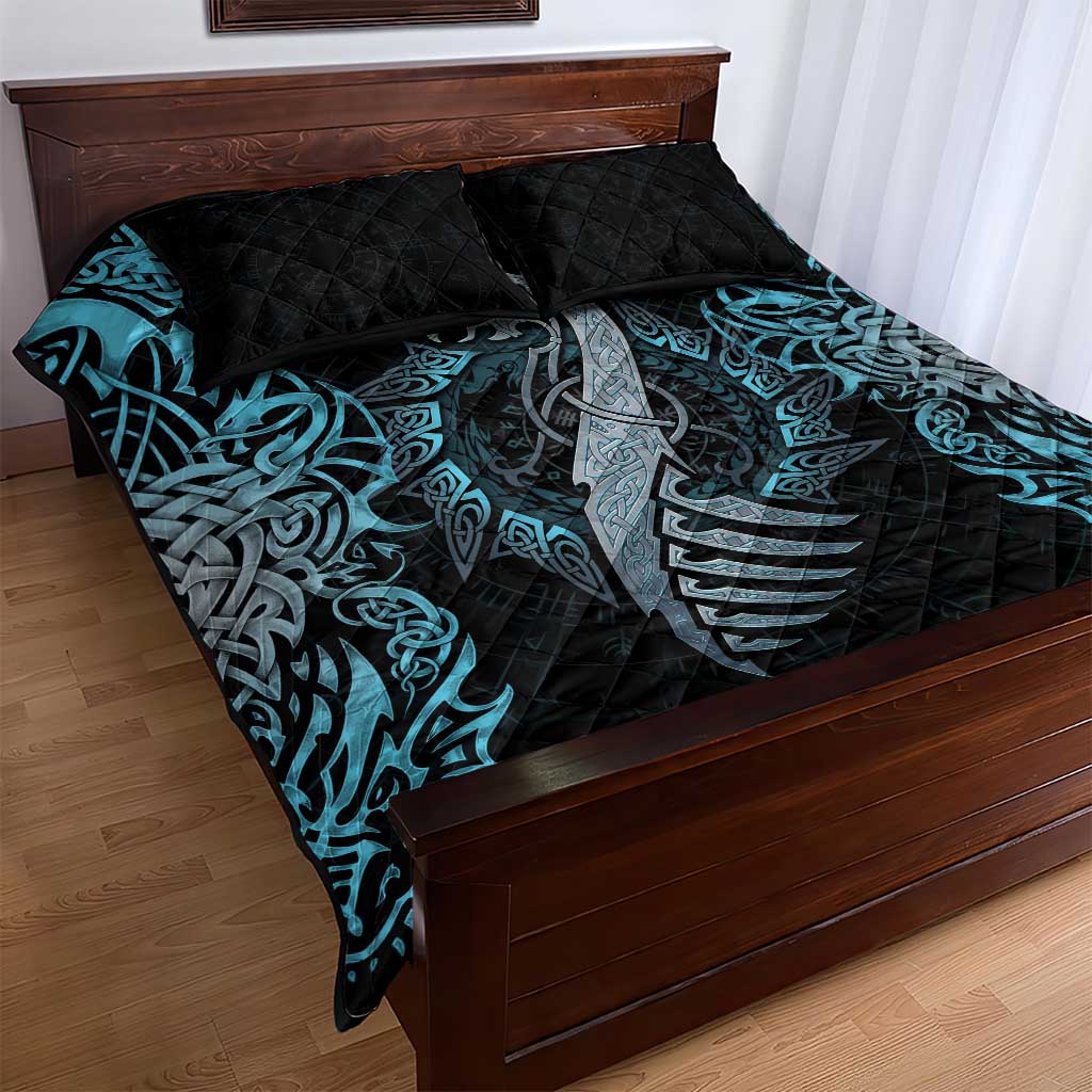 Dragon Viking With Runes Quilt Bed Set Blue Black - Wonder Print Shop