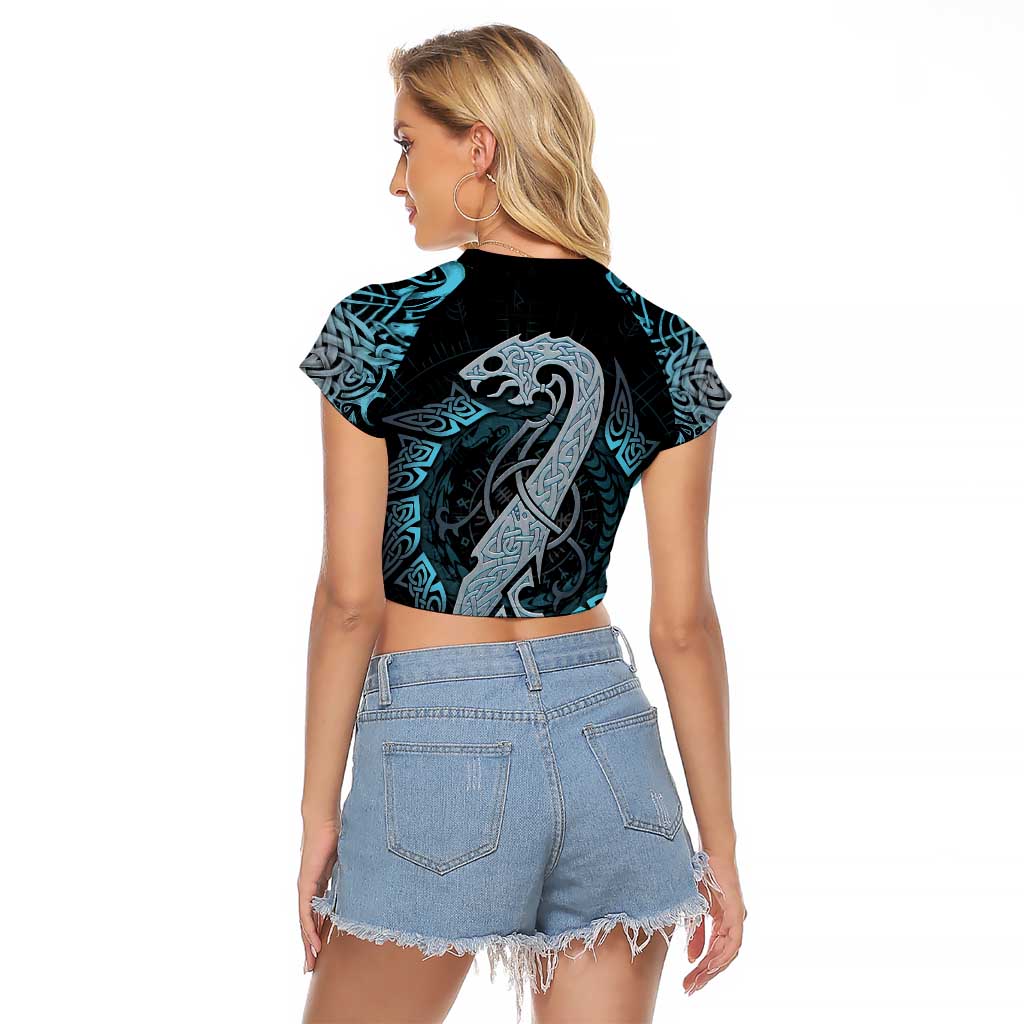 Dragon Viking With Runes Raglan Cropped T Shirt Blue Black - Wonder Print Shop