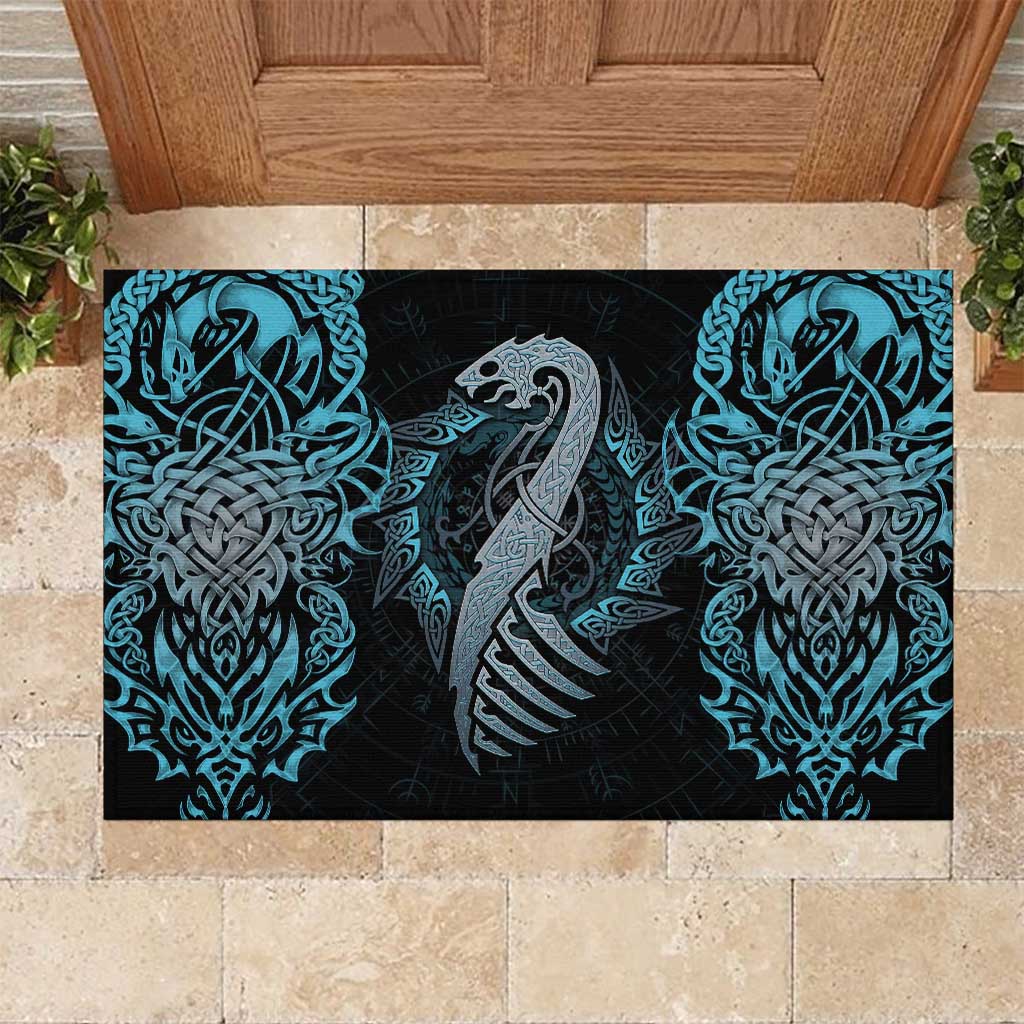 Dragon Viking With Runes Rubber Doormat Blue Black - Wonder Print Shop