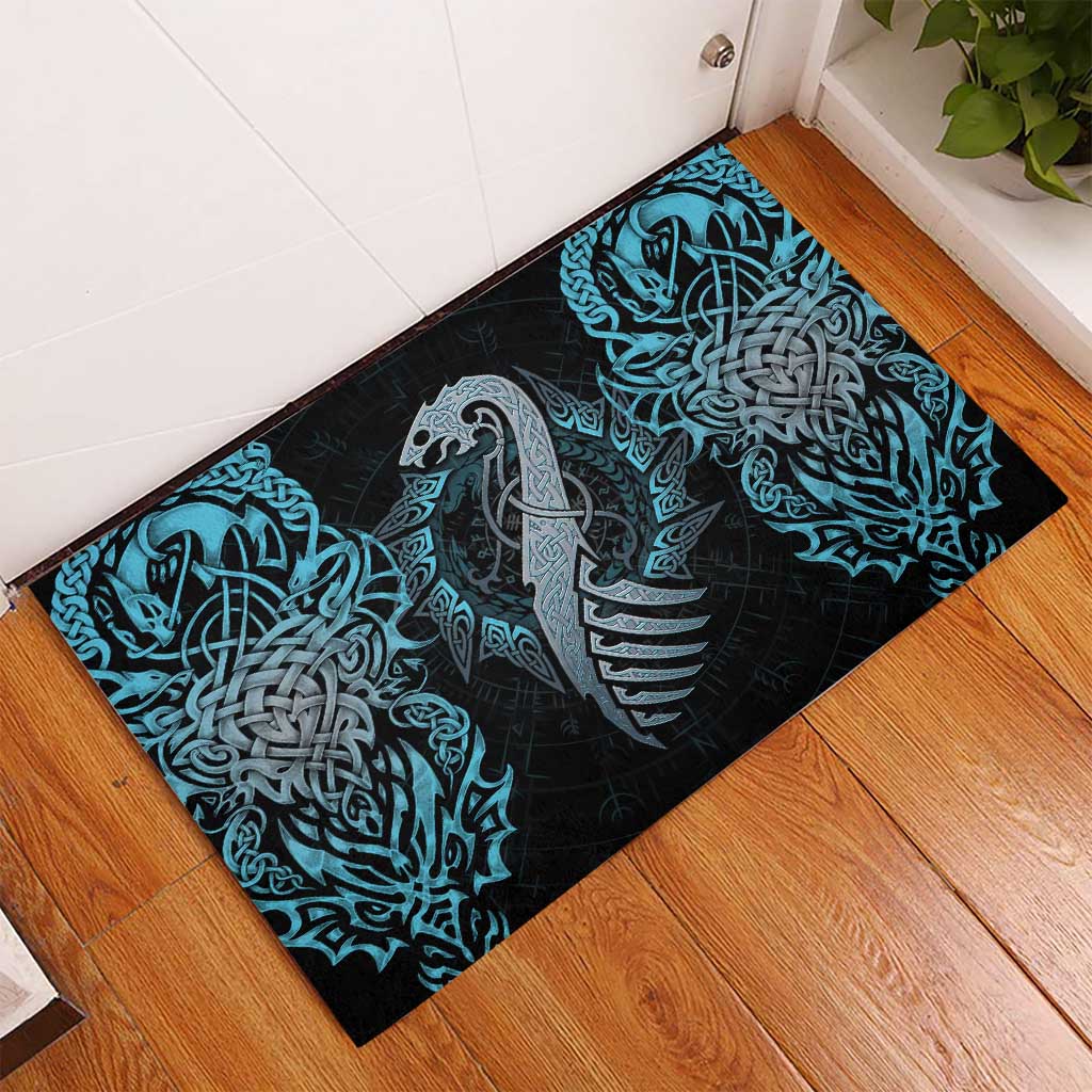 Dragon Viking With Runes Rubber Doormat Blue Black - Wonder Print Shop