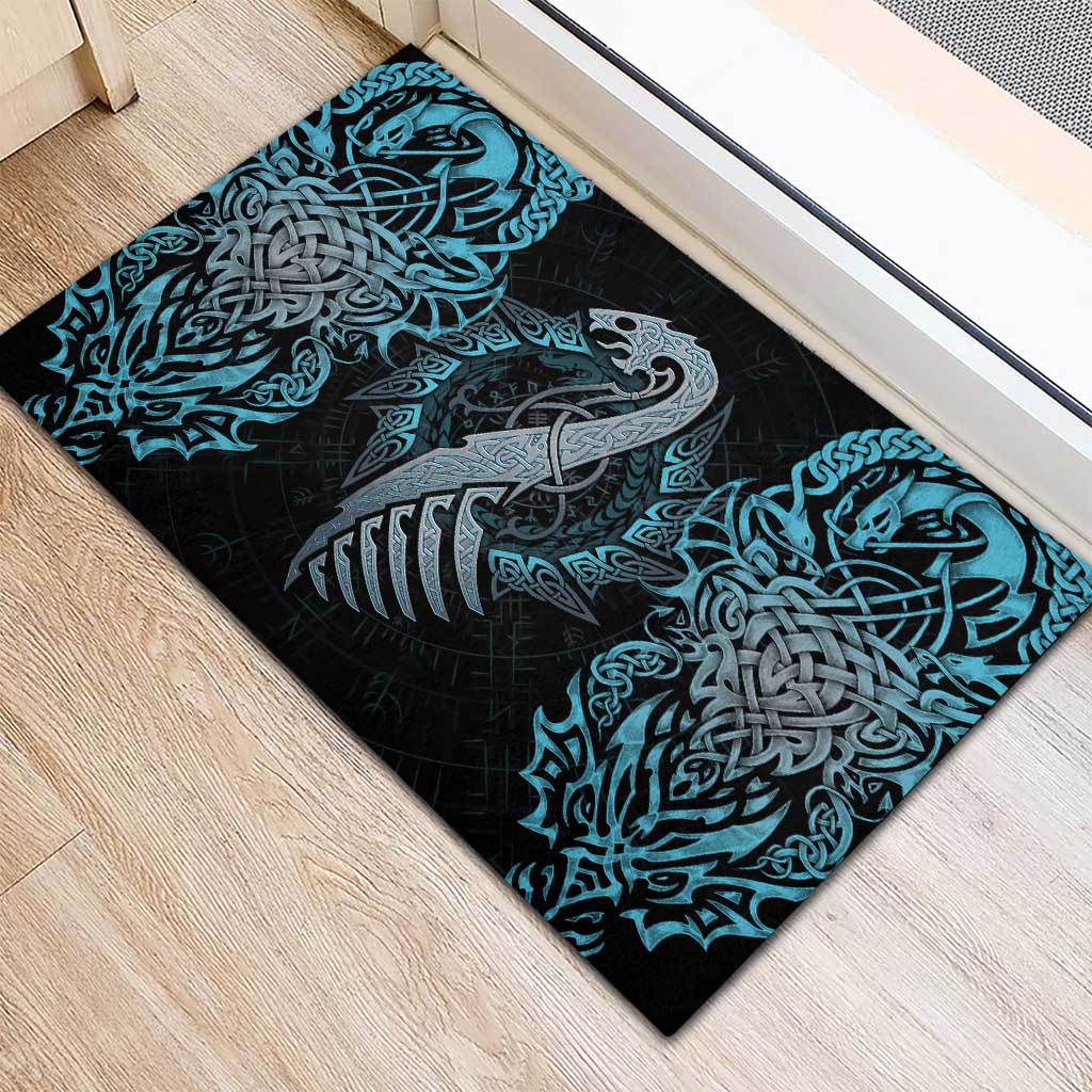 Dragon Viking With Runes Rubber Doormat Blue Black - Wonder Print Shop