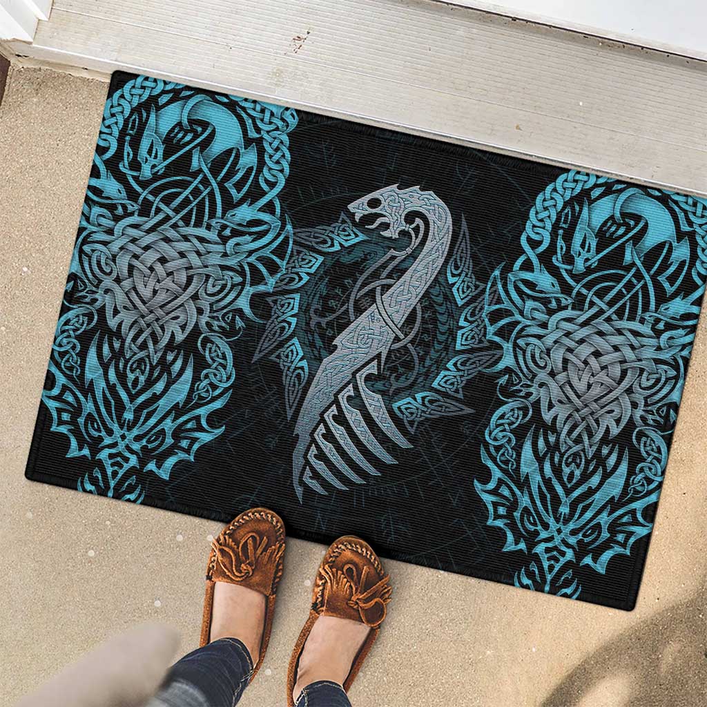 Dragon Viking With Runes Rubber Doormat Blue Black - Wonder Print Shop
