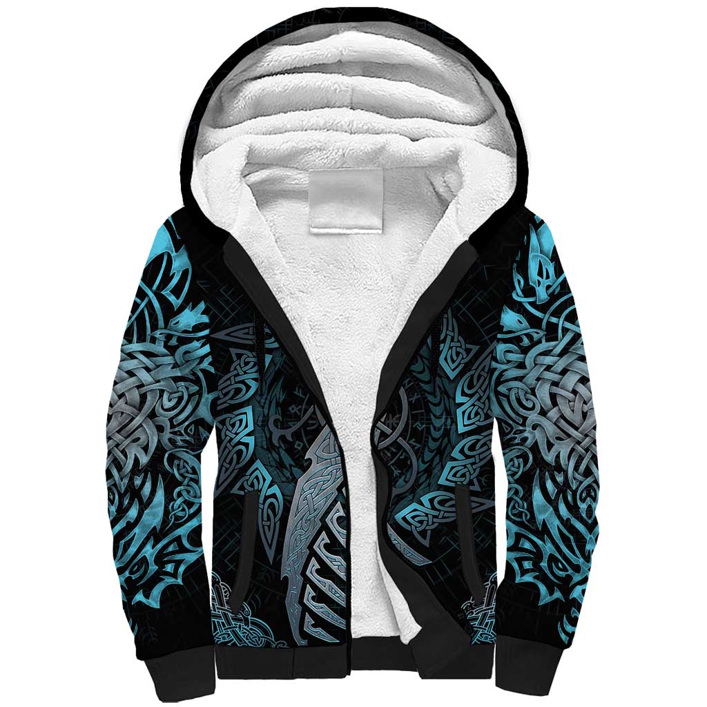 Dragon Viking With Runes Sherpa Hoodie Blue Black - Wonder Print Shop