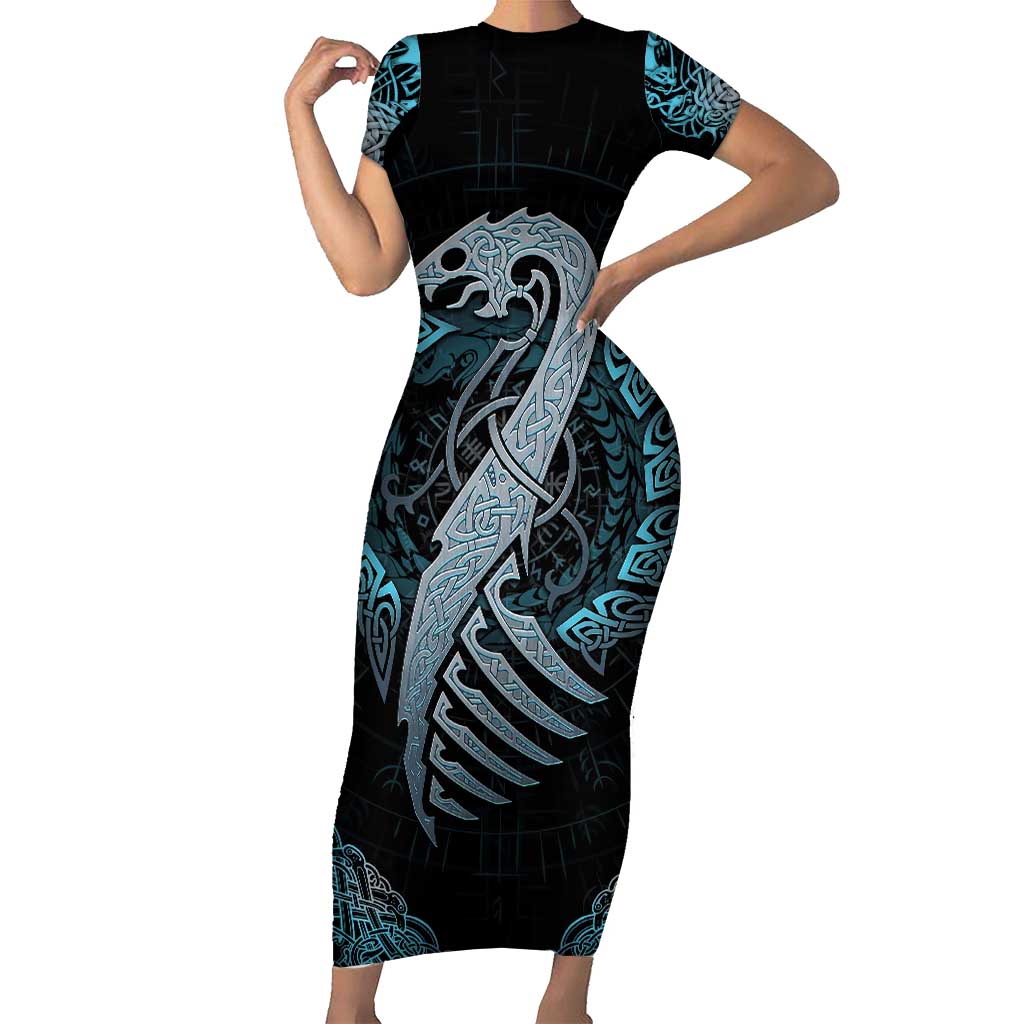 Dragon Viking With Runes Short Sleeve Bodycon Dress Blue Black - Wonder Print Shop