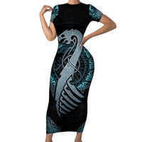 Dragon Viking With Runes Short Sleeve Bodycon Dress Blue Black - Wonder Print Shop