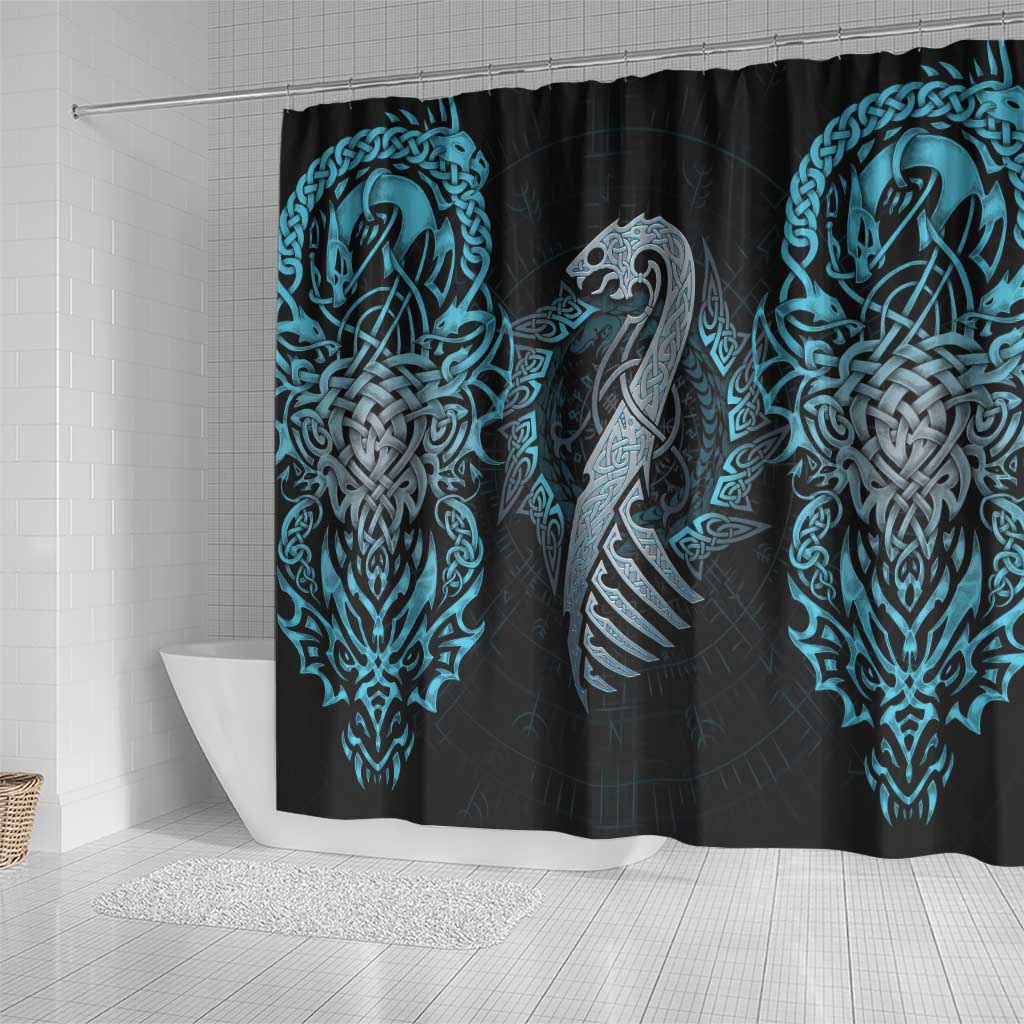 Dragon Viking With Runes Shower Curtain Blue Black